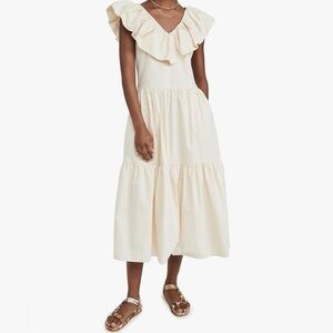 English Factory Cotton Tiered Midi Dress Ruffle V-Neck Cream SKU353